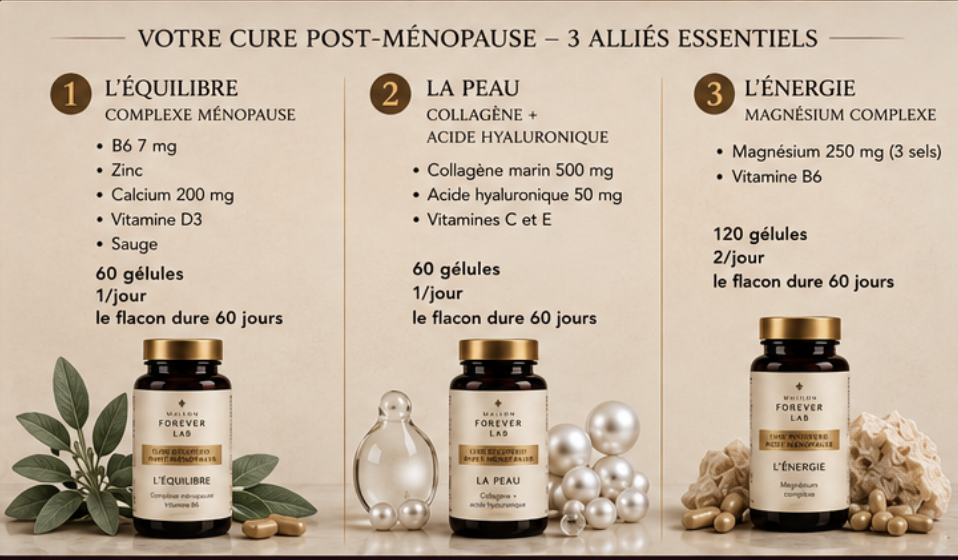 Post-Ménopause : les 3 alliés essentiels, dosages exacts